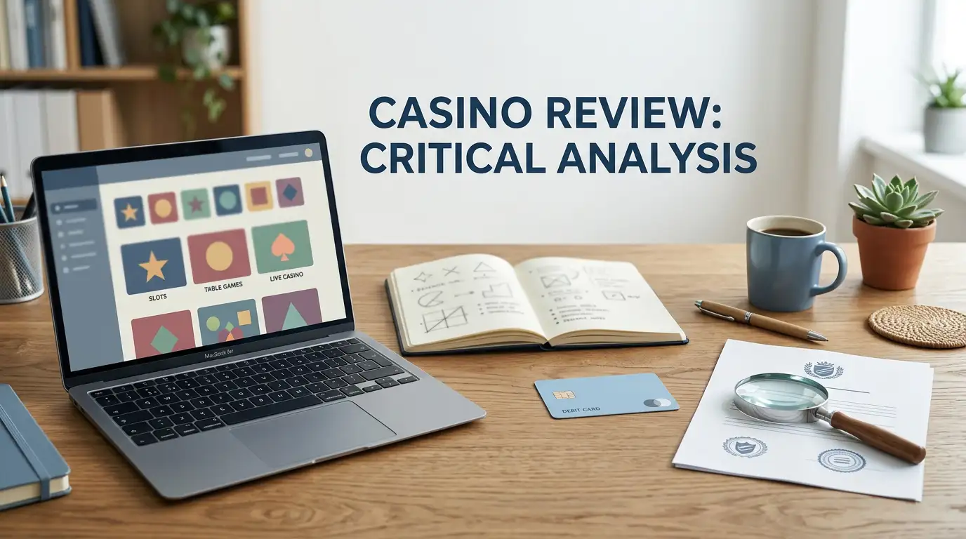 Editorial casino review workspace illustrating games, payments and licence checks